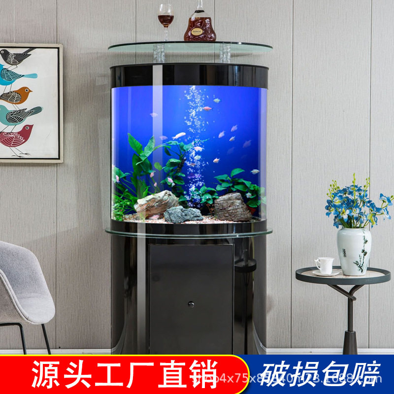 源头工厂创海鱼缸落地客厅家用半圆大型玻璃生态水族箱柱形金鱼缸