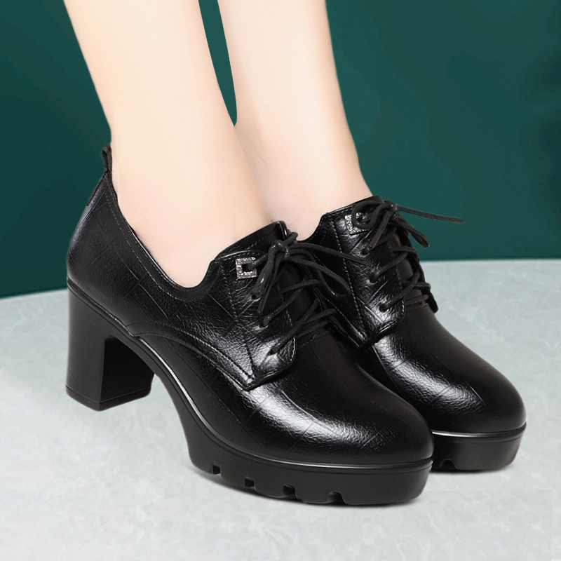 新款圆头系带时尚深口单鞋厚底舒适轻便工作鞋粗跟防滑真皮走秀鞋,女鞋,深口单鞋,淘宝优惠券,粉丝福利购,淘宝优惠卷