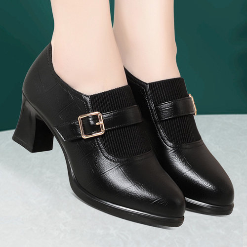 春秋新款女士皮鞋粗跟妈妈鞋防水台深口单鞋真皮中跟不累脚高跟鞋