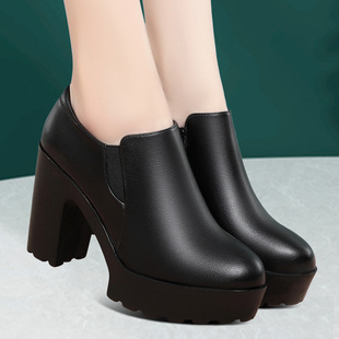 厚底女旗袍鞋 粗跟皮鞋 走秀妈妈鞋 真皮深口单鞋 防水台高跟鞋 工作鞋