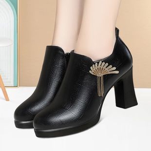 百搭鞋 高跟鞋 子粗跟厚底工作鞋 洋气深口单鞋 新中式 低帮女皮鞋 时尚