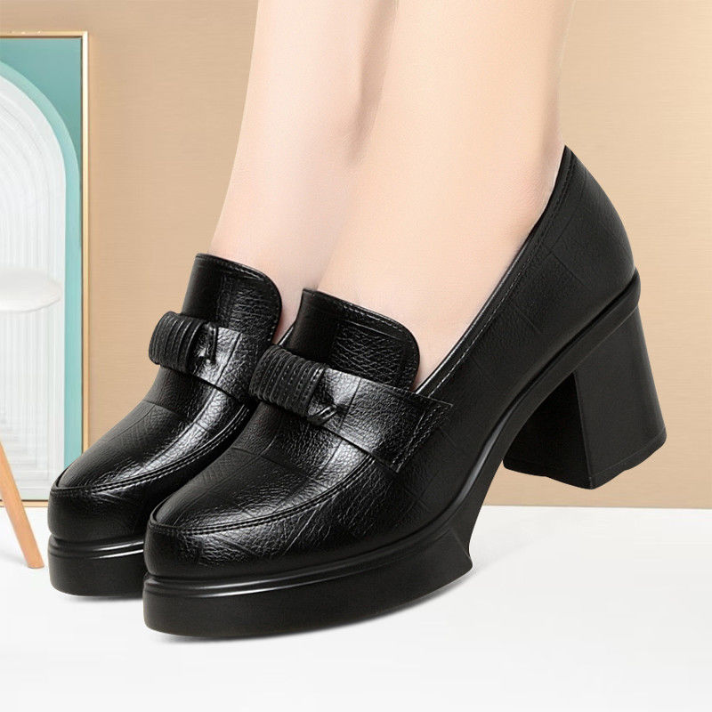 圆头百搭防滑深口乐福鞋气质厚底增高轻便单鞋耐磨低帮洋气高跟鞋