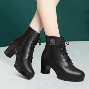 百搭加绒舒适保暖皮靴系带厚底粗跟防滑高跟鞋 耐穿防寒加厚女靴子