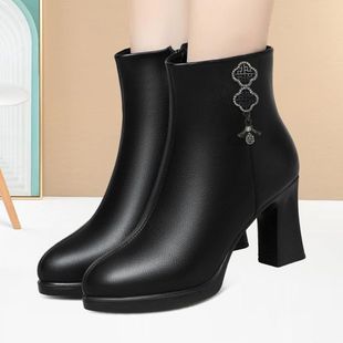 气质防滑靴子粗跟防水台耐磨时尚 外穿皮靴耐穿休闲复古厚底短筒靴