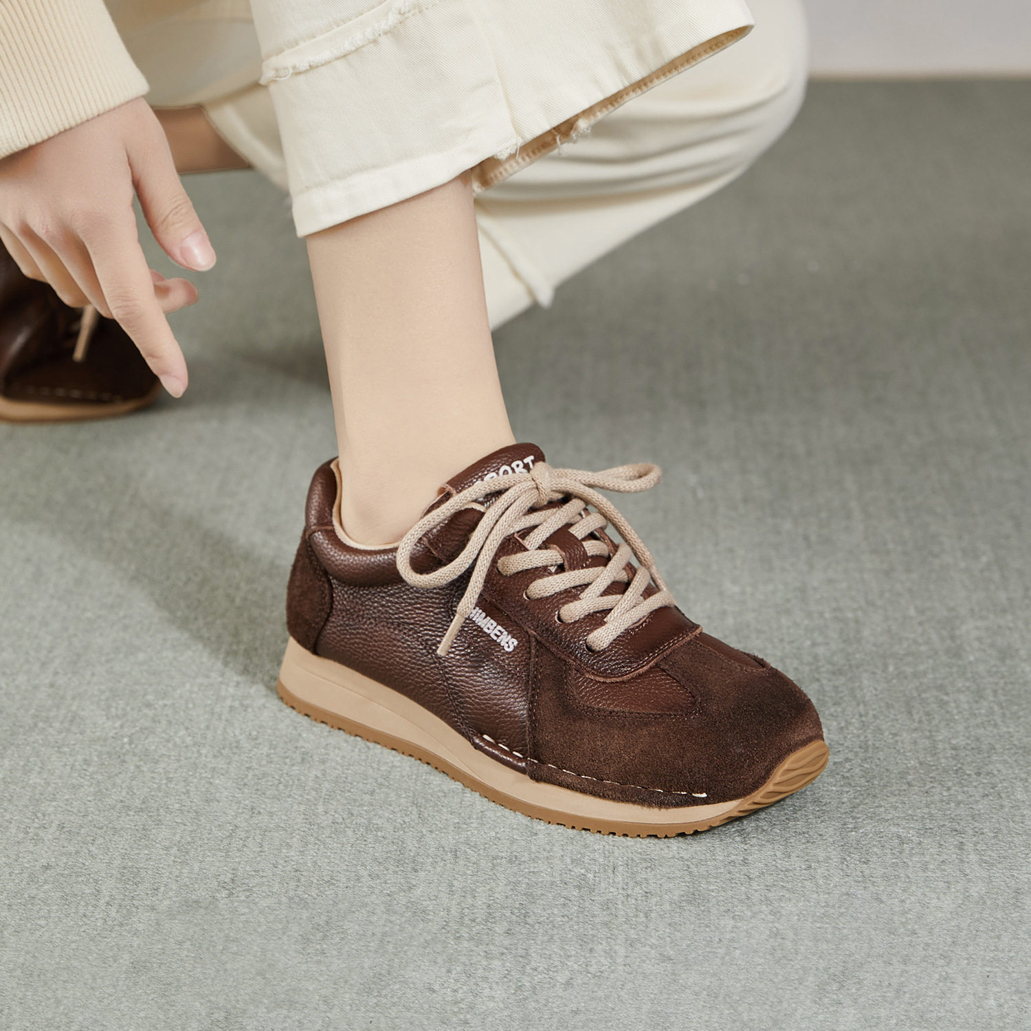 真皮德训鞋女2026春季新款平底复古运动休闲女鞋子百搭爆款阿甘鞋,女鞋,时尚休闲鞋,淘宝优惠券,粉丝福利购,淘宝优惠卷