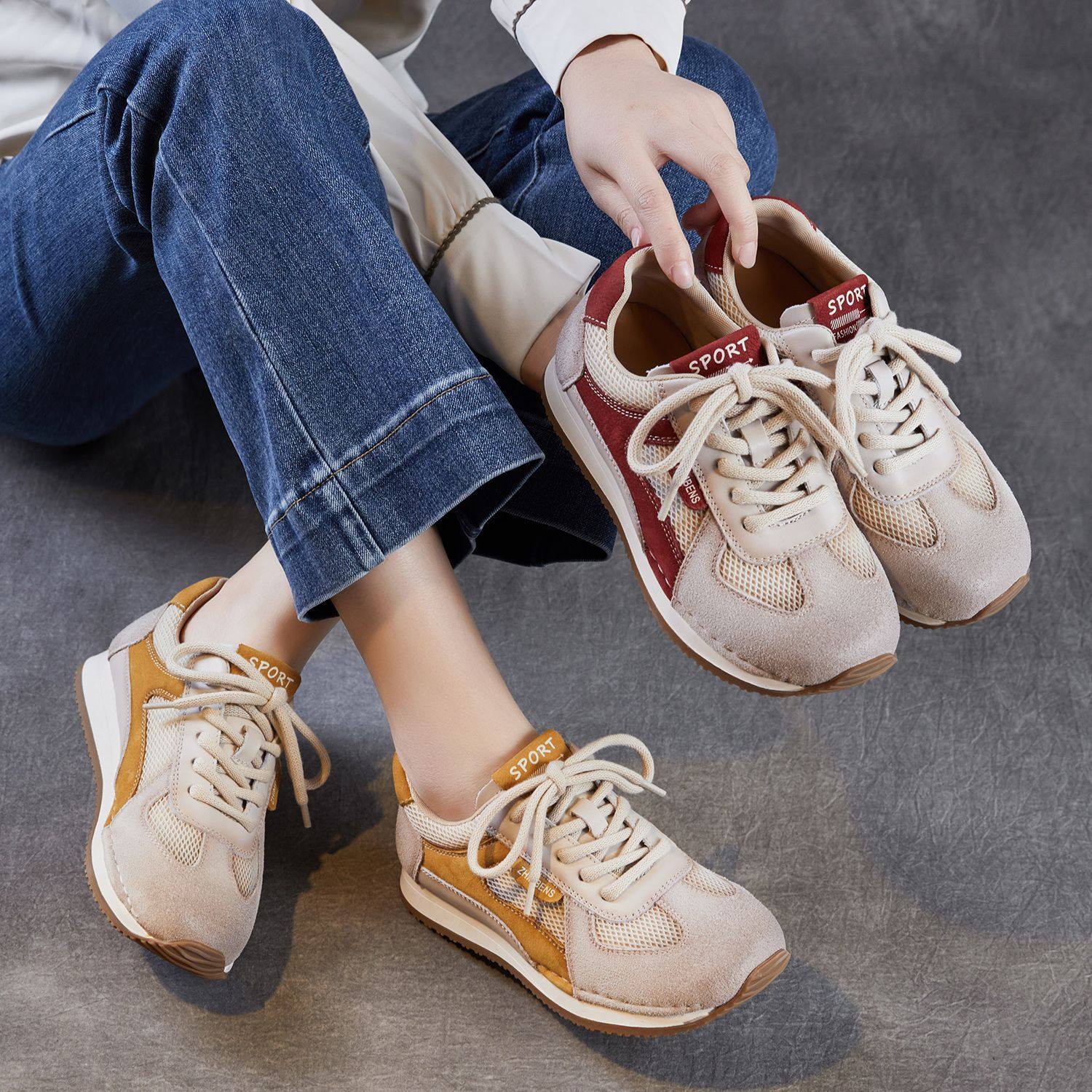 2026春夏季新款时尚百搭透气网面复古运动舒适休闲运动鞋真皮女鞋,女鞋,时尚休闲鞋,淘宝优惠券,粉丝福利购,淘宝优惠卷