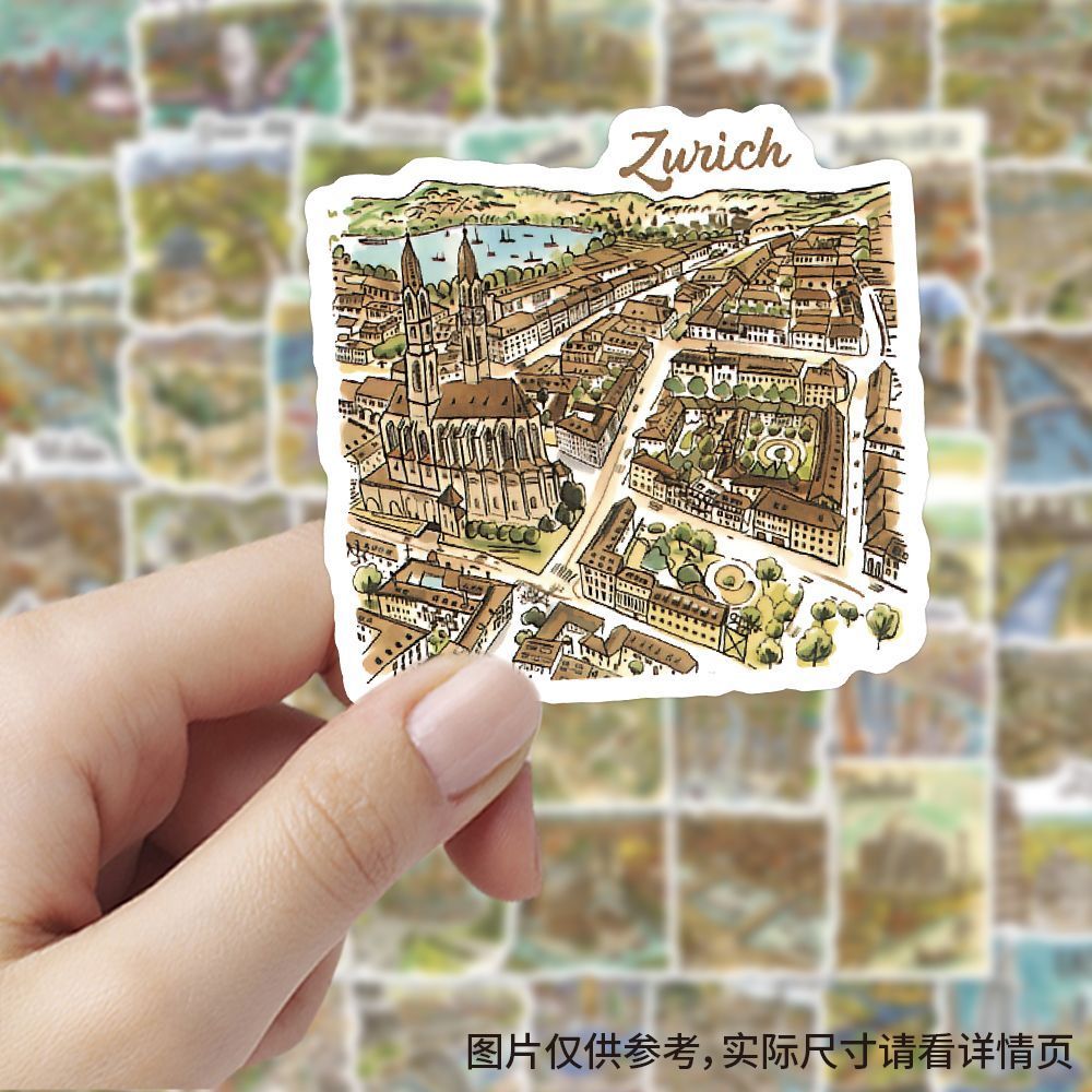 150张手绘旅游贴纸ins卡通创意建筑地标桌面手机手账装饰贴画防水图片