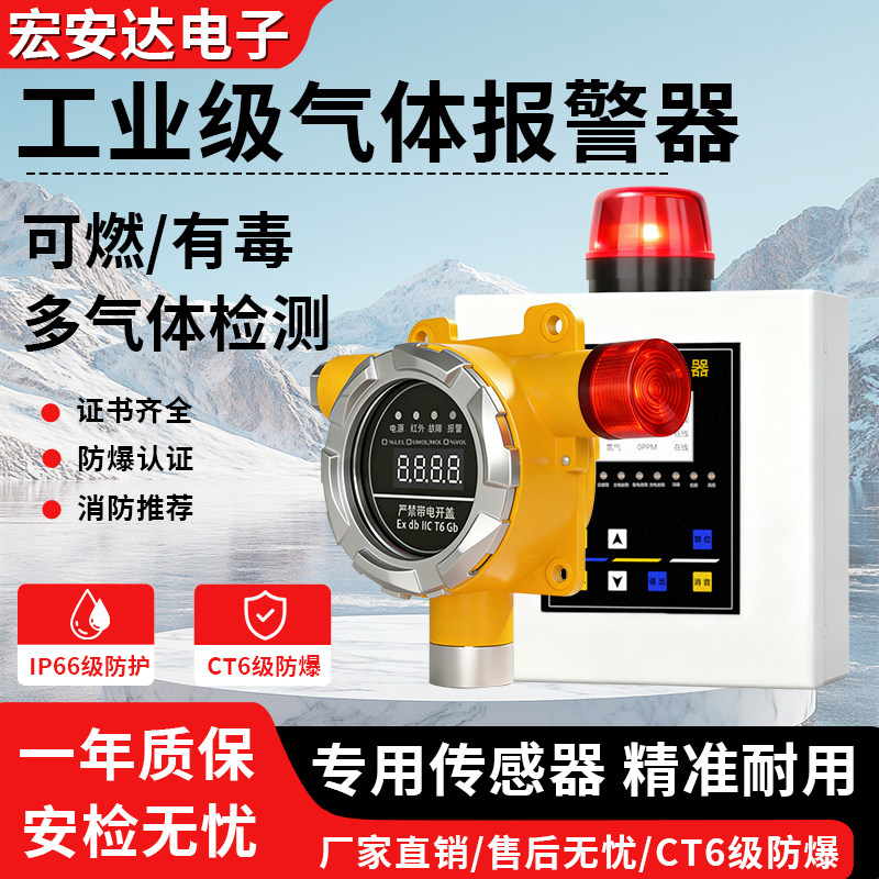 可燃气体探测报警器工业商用一氧化碳氧气硫化氢油漆酒精浓度检测