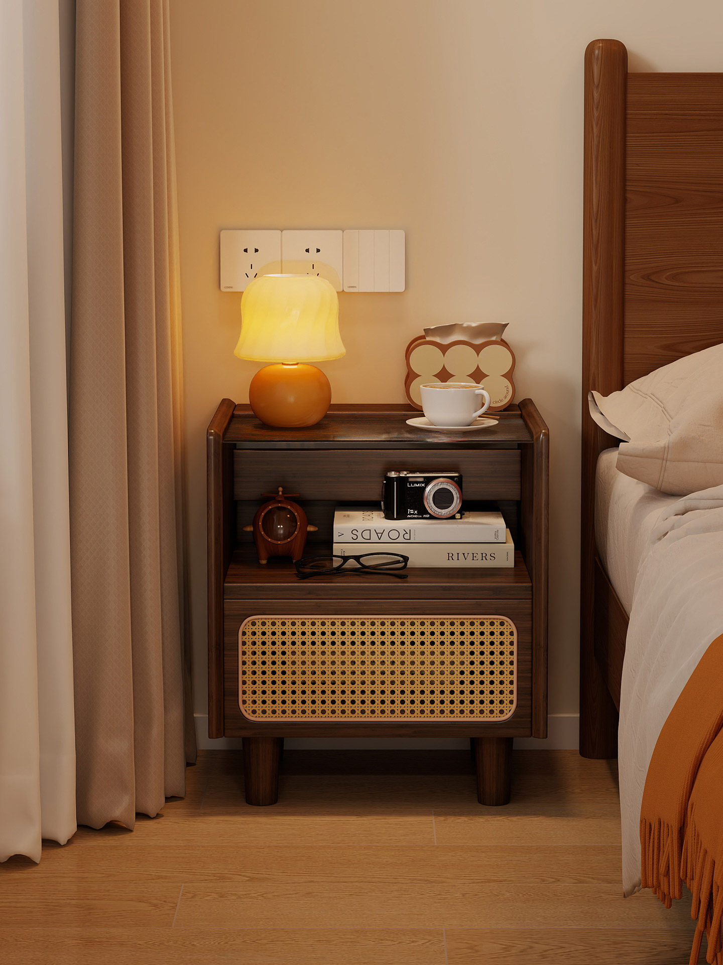 日式床头柜实木藤编现代简约玻璃卧室床边收纳储物小柜子置物边柜