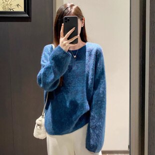 EGG 毛衣女秋 SLY重磅95%美丽诺绵羊毛拉毛小皮草圆领羊绒针织衫