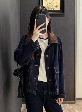 EGG SLY巴恩风 99%棉灯芯绒翻领环保土壤牛仔短夹克外套女秋