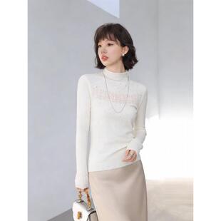 EGG 女 SLY重工100%羊毛卷边半高领璀璨繁星烫钻镂空钩花针织衫