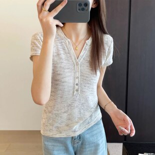 EGG SLY康宝莱V领麻棉段染渐变花式纱正肩薄款针织短袖T恤女夏