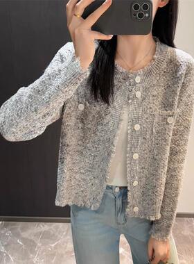 EGG SLY夹花香风绵羊毛圆领拼色粗花呢流苏须边针织开衫外套女春