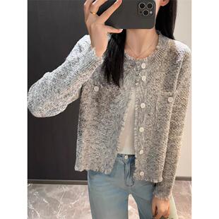 EGG 外套女春 SLY夹花香风绵羊毛圆领拼色粗花呢流苏须边针织开衫