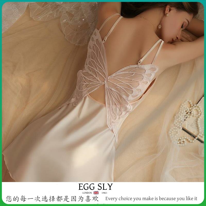 EGG SLY性感睡衣女夏款冰丝大码荡领蕾丝蝴蝶美背纯欲风吊带睡裙
