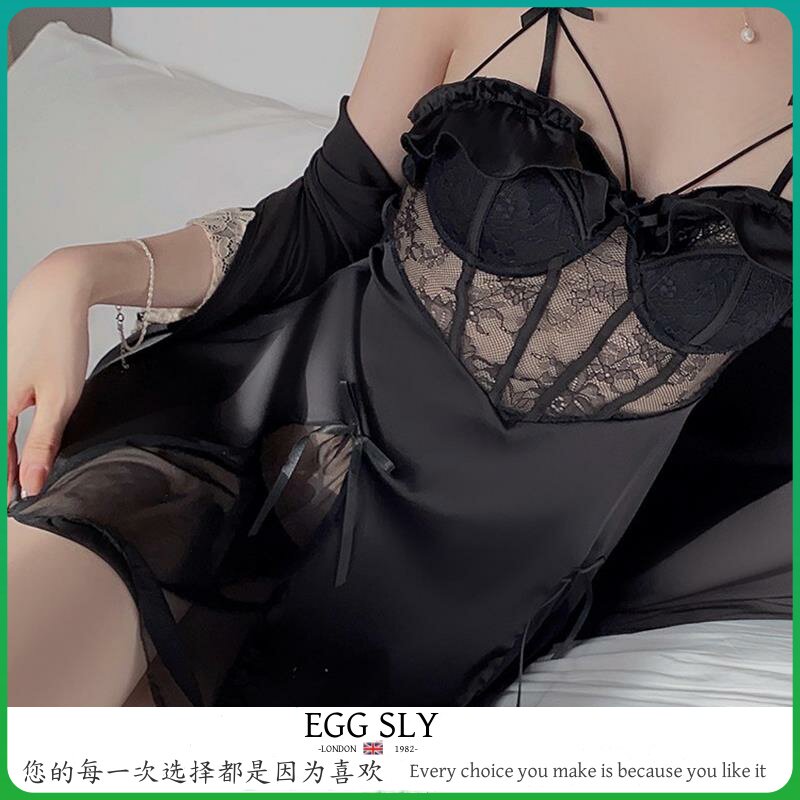 EGG SLY性感睡衣女夏季带胸垫钢托冰丝纯欲风高级感蕾丝吊带睡裙