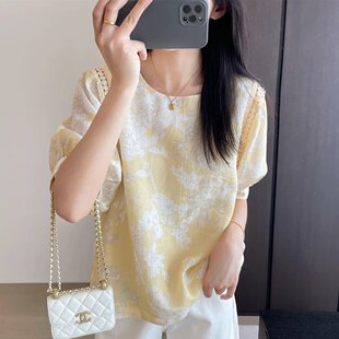 剪纸印花镂空蕾丝衬衫 100%苎麻圆领灯笼袖 女 SLY清雅脱俗 EGG