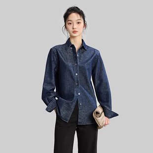 EGG 上衣女春秋 SLY金线棉翻领鎏金亮丝细闪通勤固色牛仔衬衫