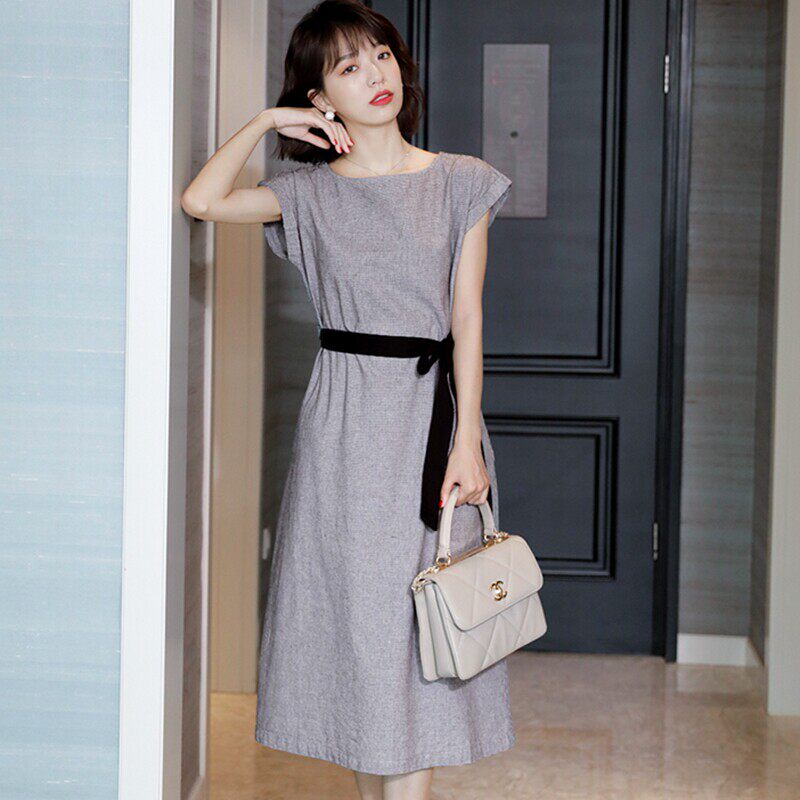 EGG SLY优雅知性 复古千鸟格连衣裙女26新款宽松中长款棉麻裙子
