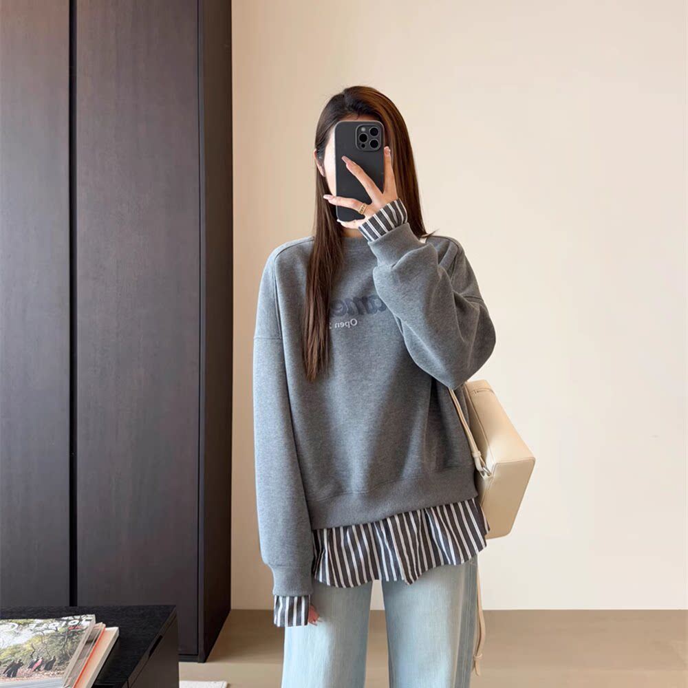 EGG SLY客供棉质圆领条纹拼接假两件浮雕撞色字母印花卫衣女春