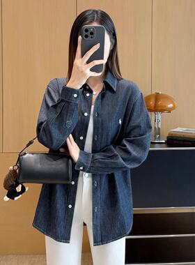 EGG SLY老钱风新疆100%棉翻领丹宁小马刺绣牛仔衬衫外套女早春