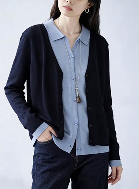 EGG SLY斯文职场风 含真丝羊毛POLO领撞色拼接假两件针织开衫女