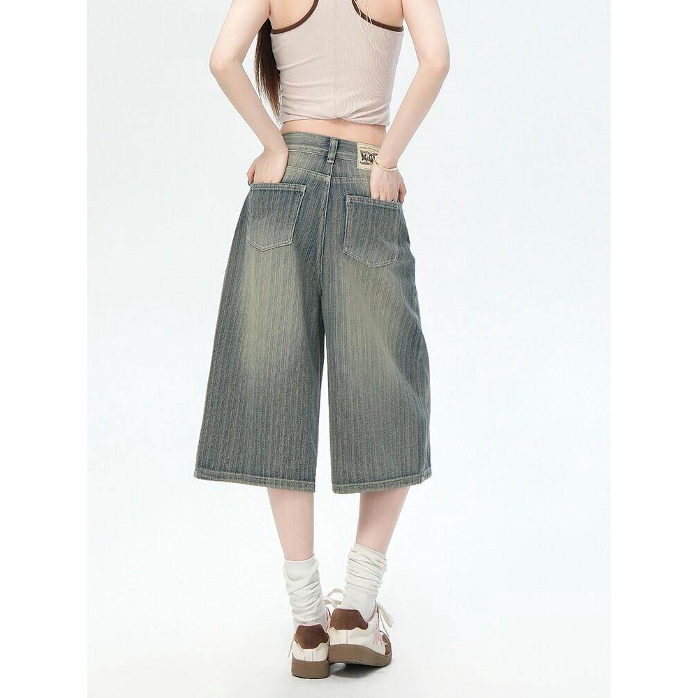 EGG SLY美式高街七分牛仔裤女春夏季复古设计感宽松阔腿中裤子