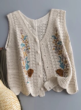 EGG SLY波西米亚风 亚麻棉V领钩花镂空针织开衫上衣背心马甲女夏