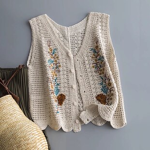 EGG SLY波西米亚风 亚麻棉V领钩花镂空针织开衫上衣背心马甲女夏