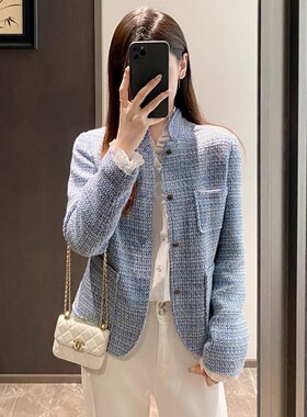 EGG SLY意奢老钱风绵羊毛精纺立领粗花呢编织小香风夹克外套女