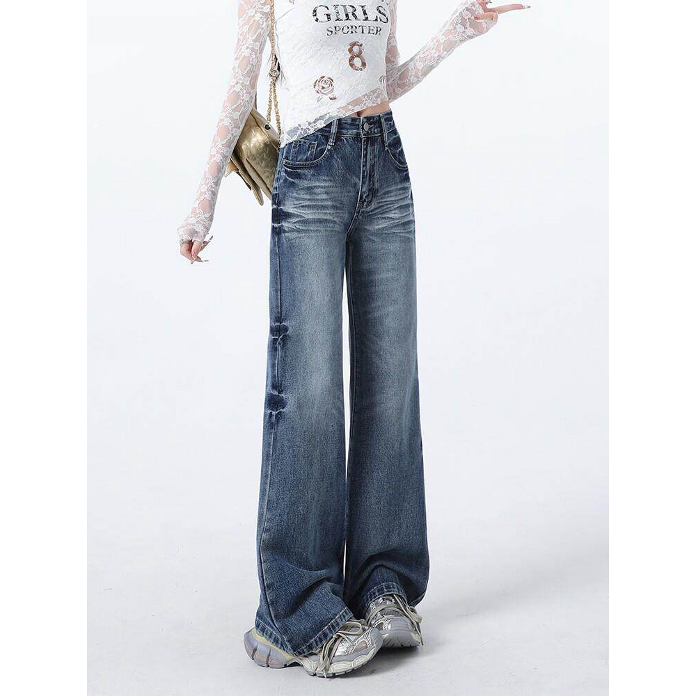 EGG SLY美式复古微喇叭牛仔裤女春秋季宽松直筒设计感阔腿裤子