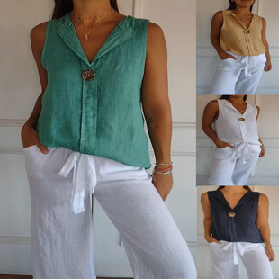 neck sleeveless 衬衫 color 无袖 女士纯色V领开衫 Solid shirt