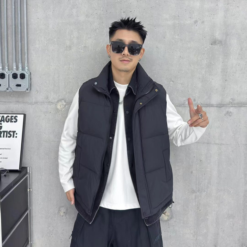 羽绒马甲男冬季假两件立领宽松保暖面包服潮牌羽绒服牛仔棉衣外套