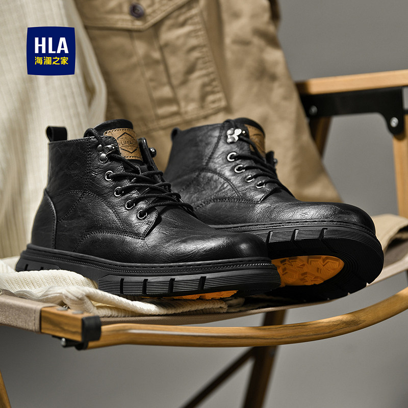 海澜之家马丁靴男款2025新款男鞋厚底增高黑色高帮工装靴秋冬加绒