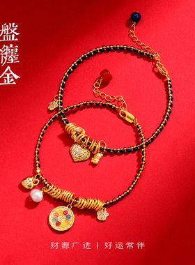 跨境黄财神盘缠手链男女款腰缠万贯新中式猫抓爪s925纯银黑绳