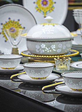 景德镇高白瓷餐具套装珐琅彩玲珑瓷高温釉下彩碗碟家用乔迁礼品