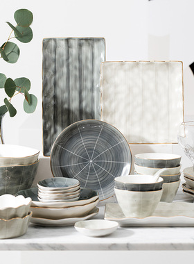 碗碟套装 北欧金边轻奢陶瓷餐具家用现代简约碗盘子筷大汤碗组合