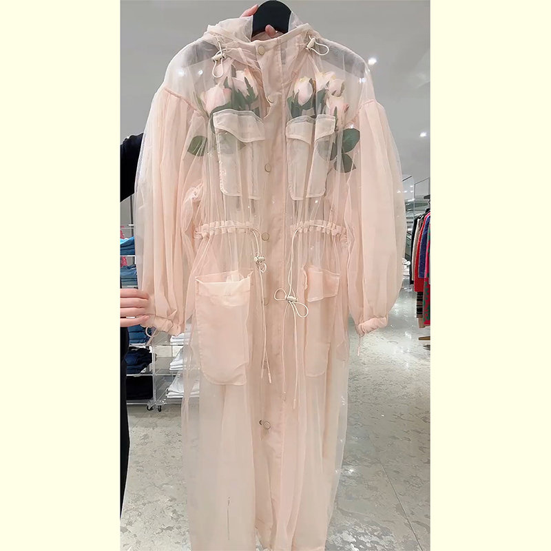 粉色网纱抽绳收腰连帽防晒长款外套女夏装新款高级感欧货洋气上衣