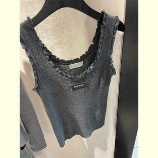复古灰色花边针织背心女2024夏装新款修身显瘦小个子无袖吊带上衣