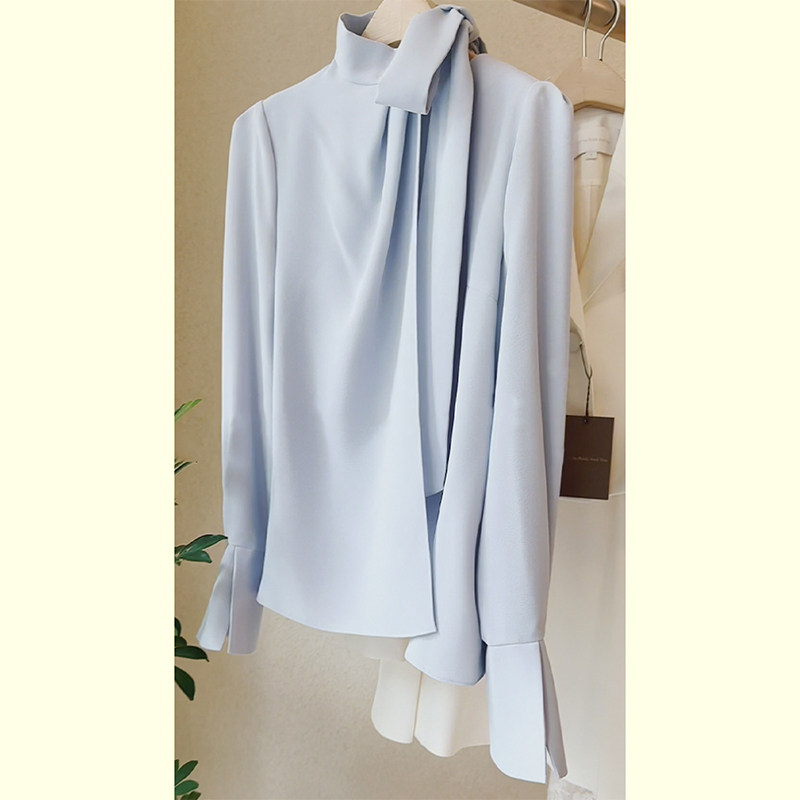蓝色不规则缎面长袖衬衫女早秋新款时尚气质轻奢高端优雅立领上衣