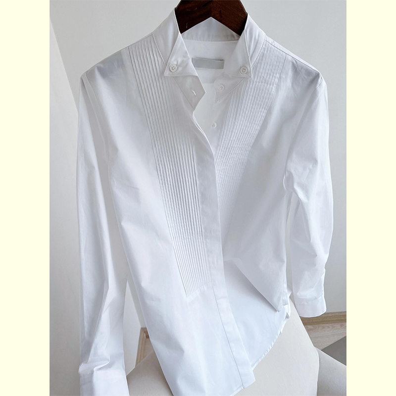 白色褶皱立领长袖衬衫女2024夏