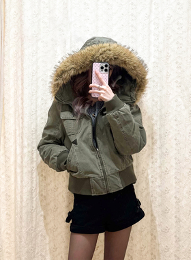毛领连帽军绿色外套女2025秋冬新款加绒加厚保暖防风短款飞行夹克