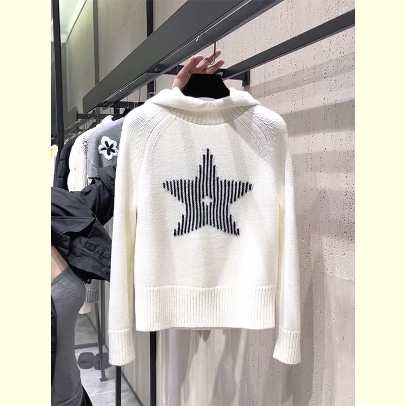 白色五角星连帽针织衫女2025秋季新款韩系慵懒风软糯百搭套头毛衣,女装/女士精品,大码内搭,淘宝优惠券,粉丝福利购,淘宝优惠卷