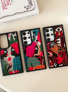 创意涂鸦红色卷发适用三星GalaxyS24手机壳S23+/S22Ultra个性小众A55全包A34/A23全包防摔A14/A05S防滑保护套