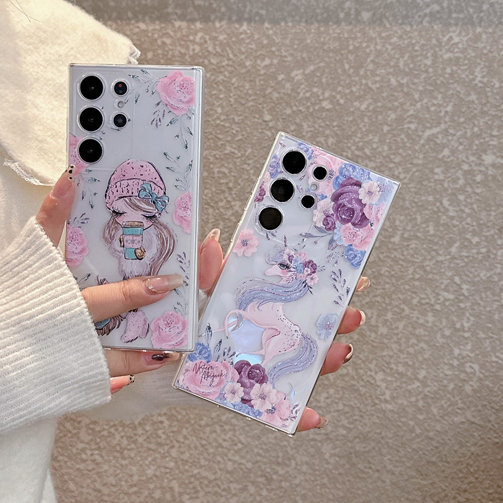 创意喝咖啡女孩独角兽适用于三星GalaxyS24手机壳S21FE/S10可爱A14/25/54/A05S全包NOTE10