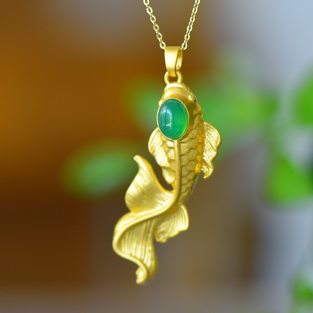 古法鎏金天然冰种帝王绿玉髓鱼跃龙门吊坠玛瑙项链配证书礼盒链子