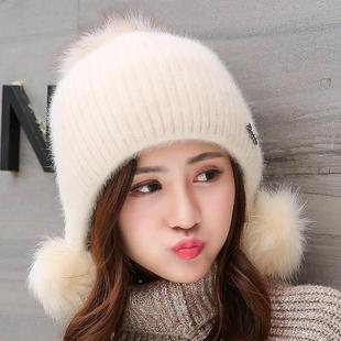 兔毛帽子女士秋冬天韩版 保暖护耳针织毛线帽可爱甜美学生百搭加厚