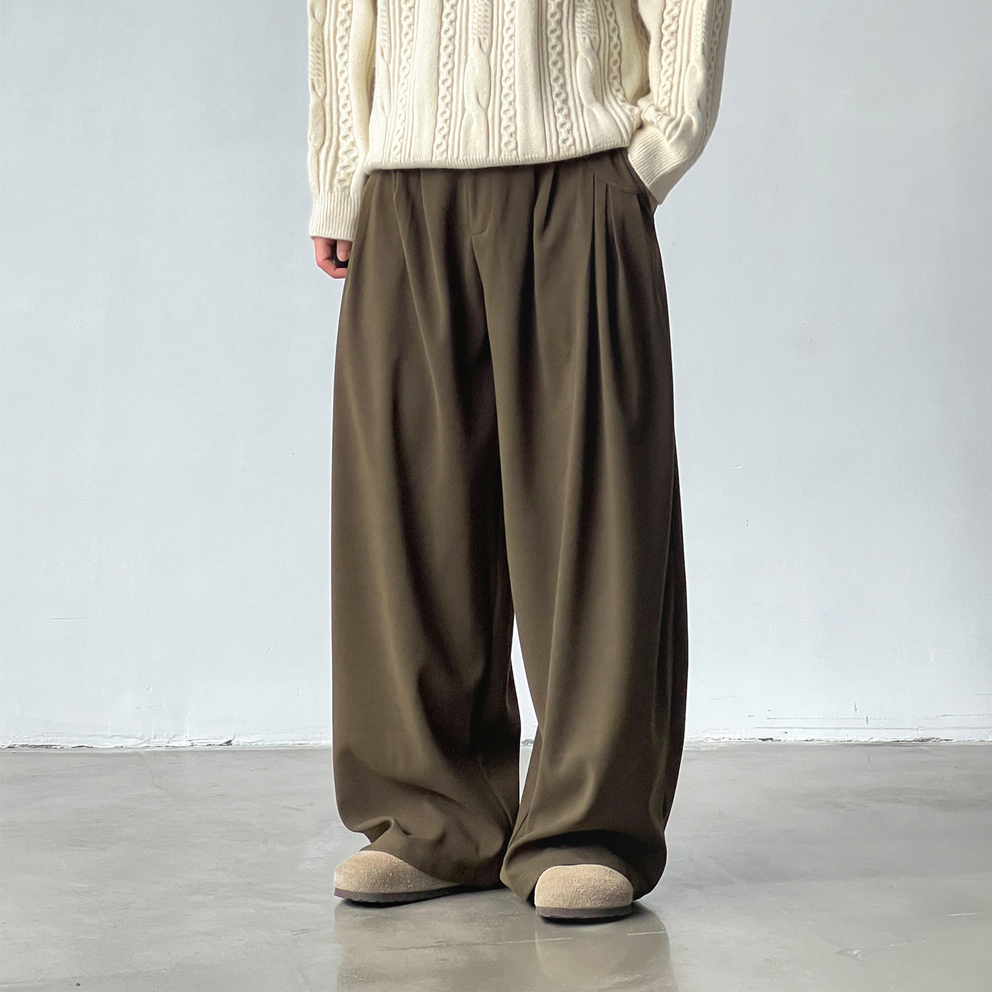 BROMAD日系复古细条纹理弯刀裤男女2026春季阔腿毛昵加厚休闲裤子