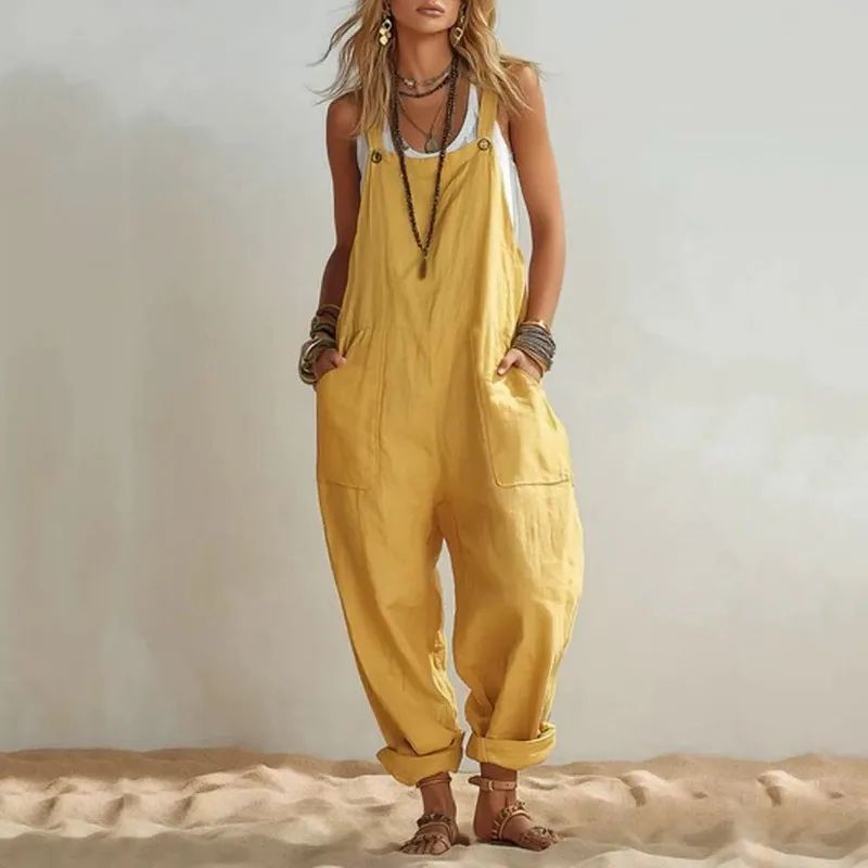 吊带连体裤女士夏季纽扣口袋装饰休闲度假风长裤women's jumpsuit